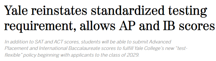 耶魯大學官宣恢複標化！AP/IB成績可替代ACT/SAT